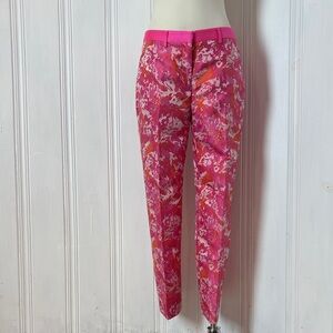 🌺 PINK TARTAN Neon Pink & Orange Brocade Cigarette Pants — Size 6